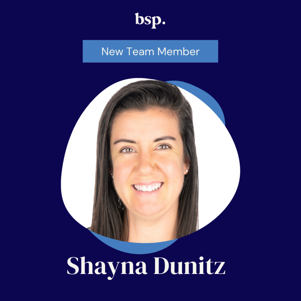 Photo of Shayna Dunitz with BSP logo, "New Team Member"